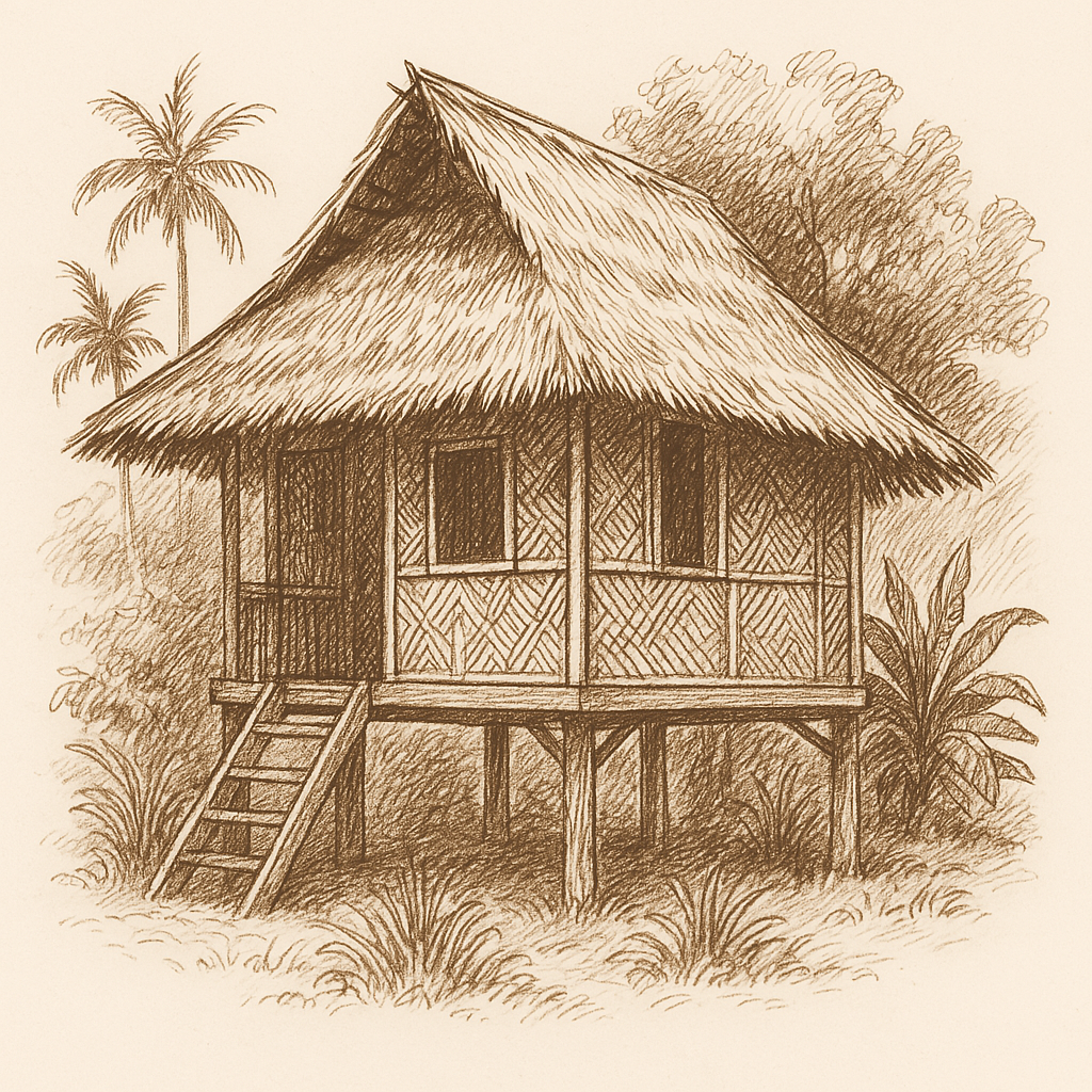 Exterior view of a traditional Bahay Kubo with bamboo walls, a thatched roof, and elevated on stilts.