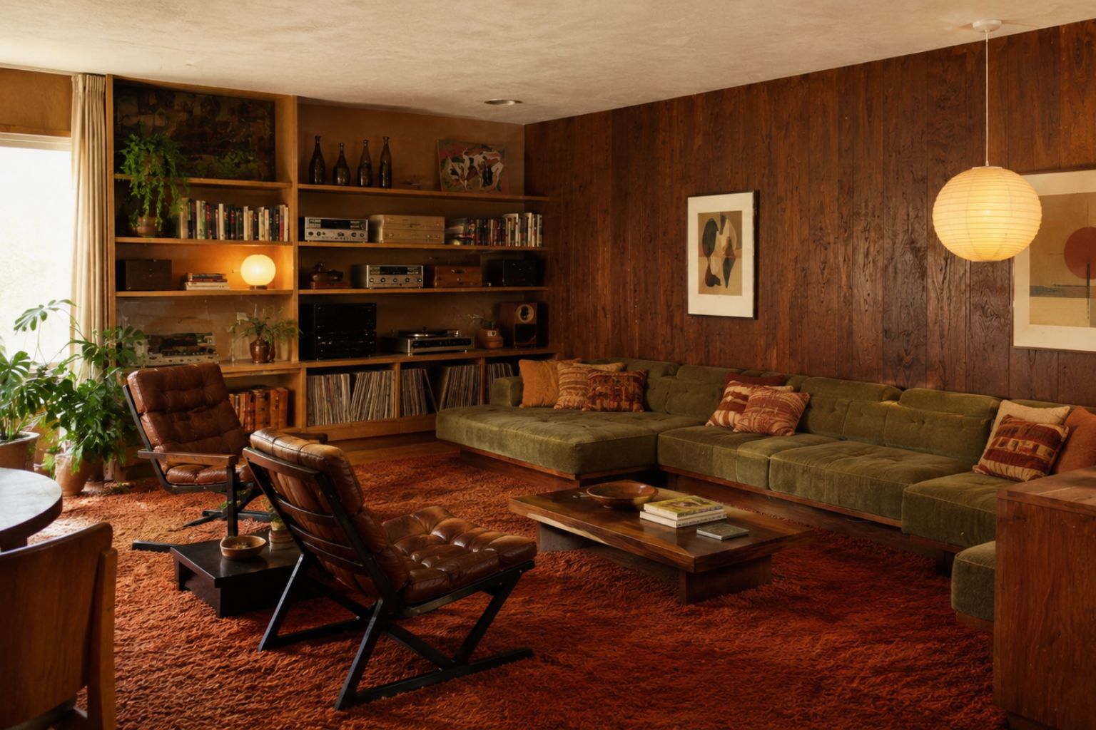 1970s living room with wood paneling, orange shag carpet, built-ins, and low furniture.
