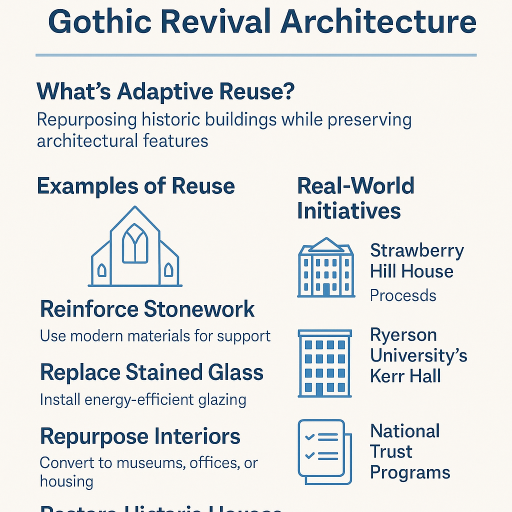 Infographic explaining adaptive reuse of Gothic Revival buildings, with visual examples and real-world projects like Strawberry Hill House and Ryerson University’s Kerr Hall.