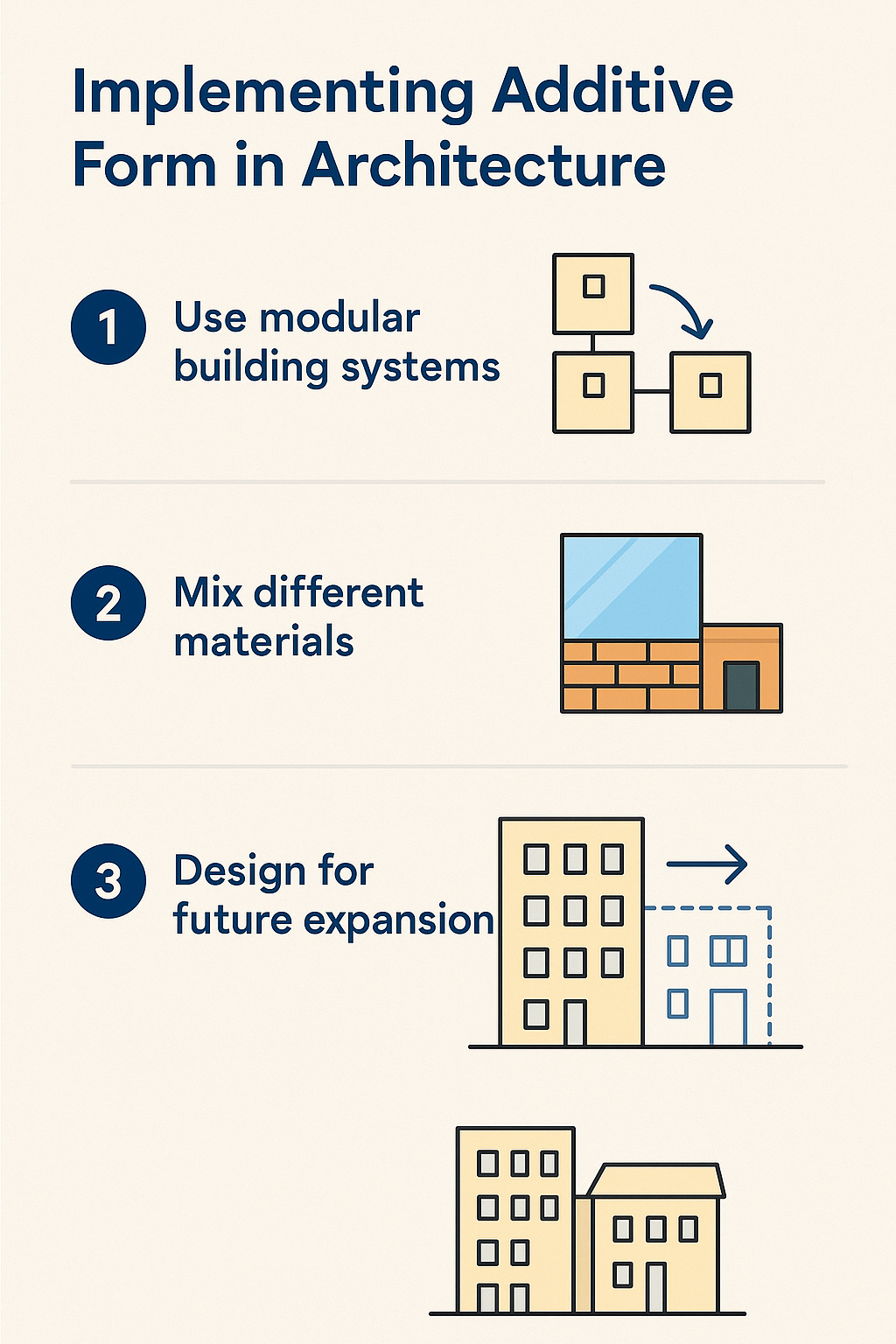 Infographic showing three techniques for additive form architecture: modular systems, mixed materials, and designing for future expansion.