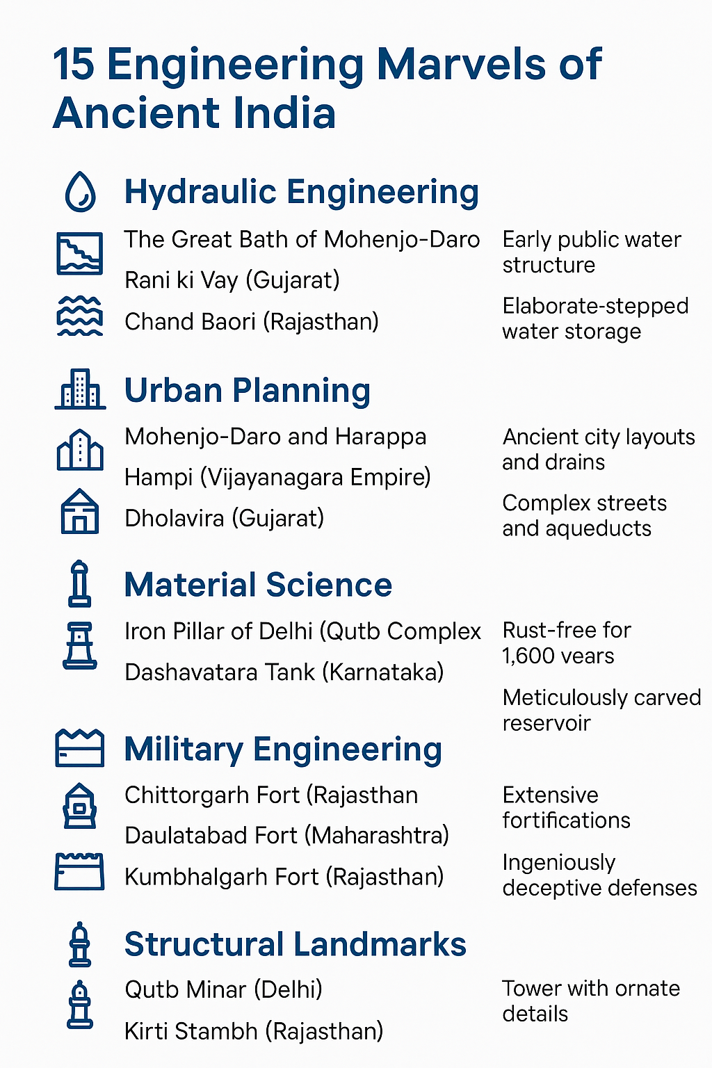 Overview of ancient Indian engineering feats from stepwells to forts.