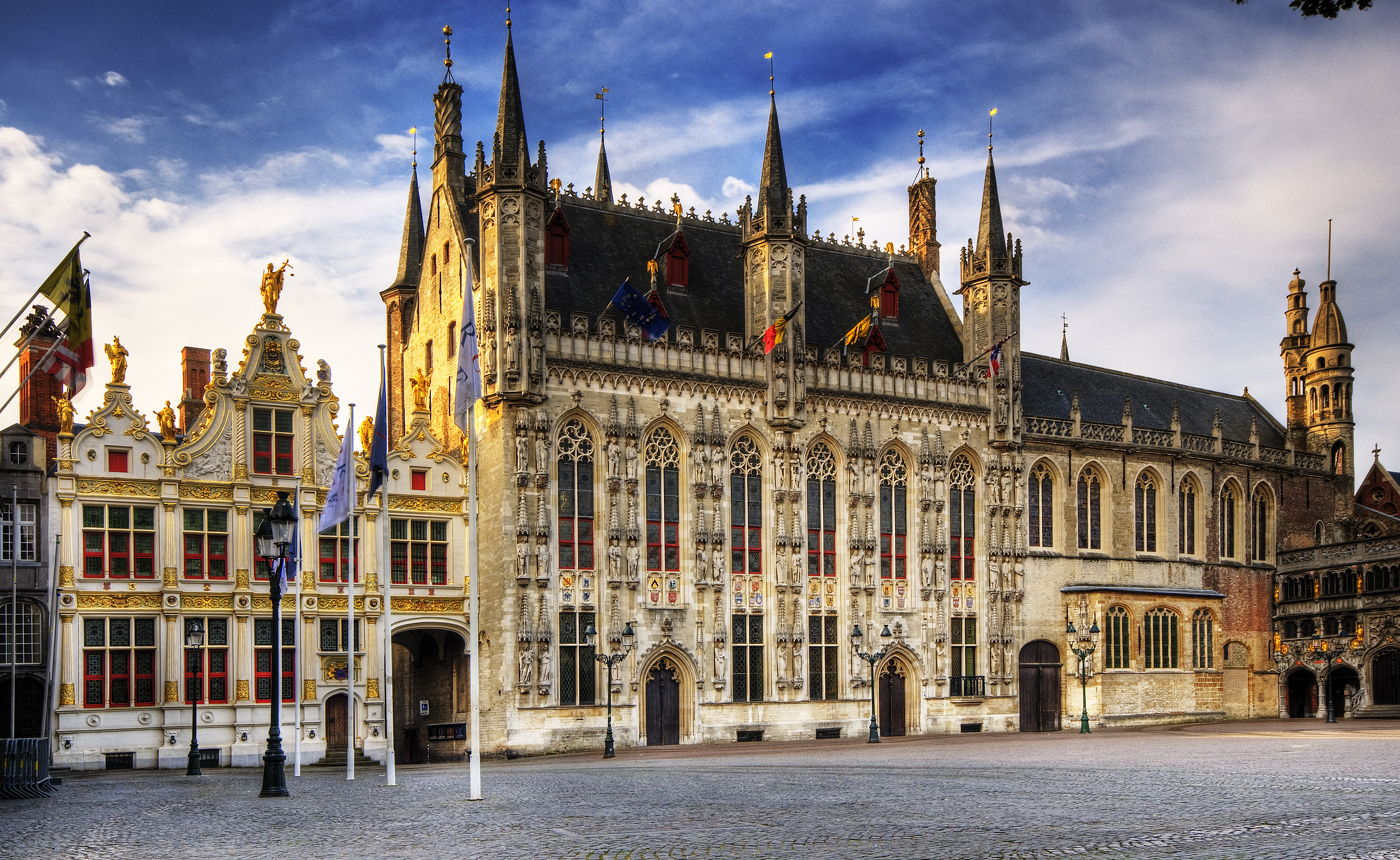 Gothic facade of Bruges Town Hall in Belgium.
