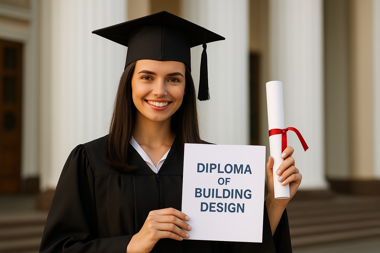 Graduate holding a diploma in front of modern building.