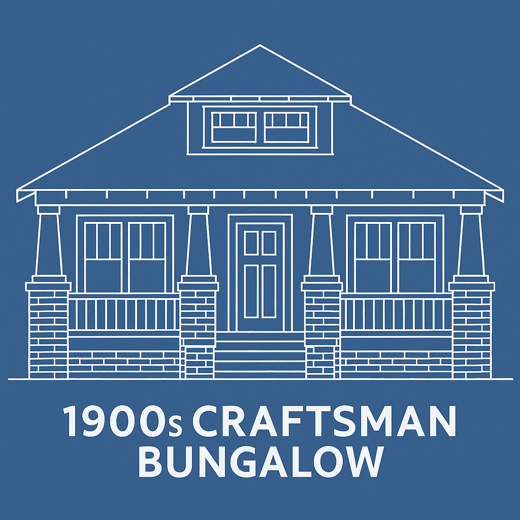 Architectural blueprint of a bungalow facade exterior.