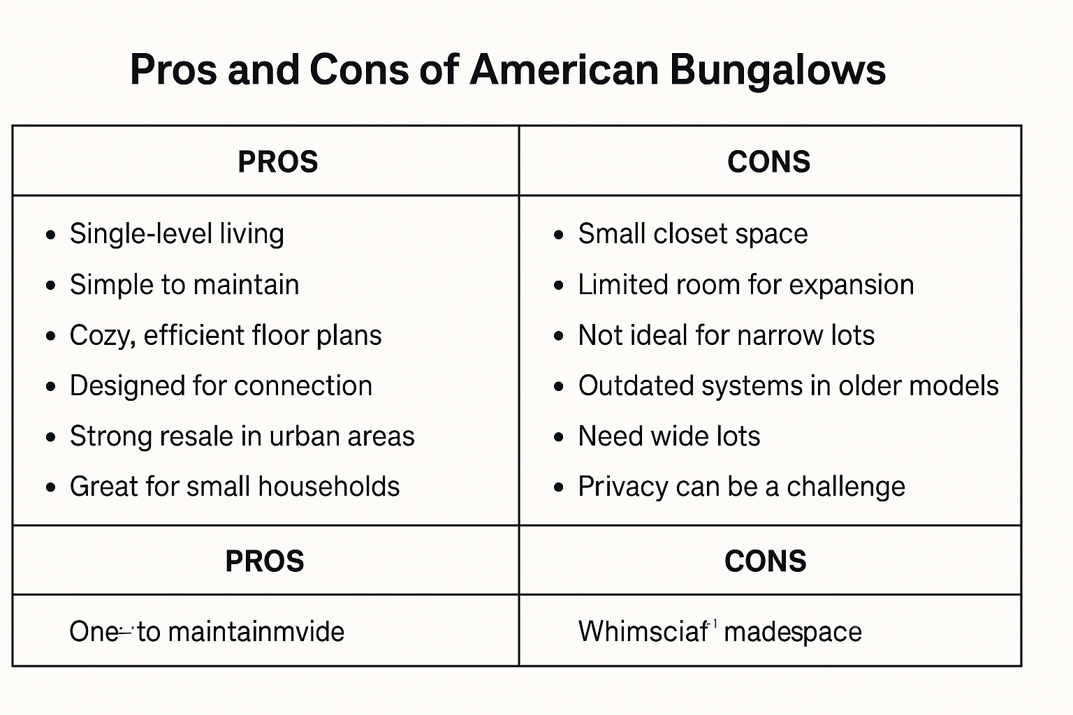 Pros and cons of living in an American bungalow, including layout benefits and common space limitations.