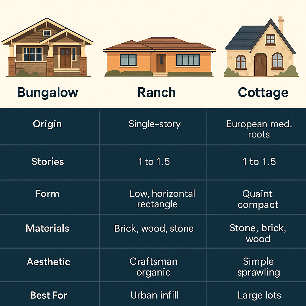 Comparison of bungalow, ranch, and cottage house styles in a single image set.