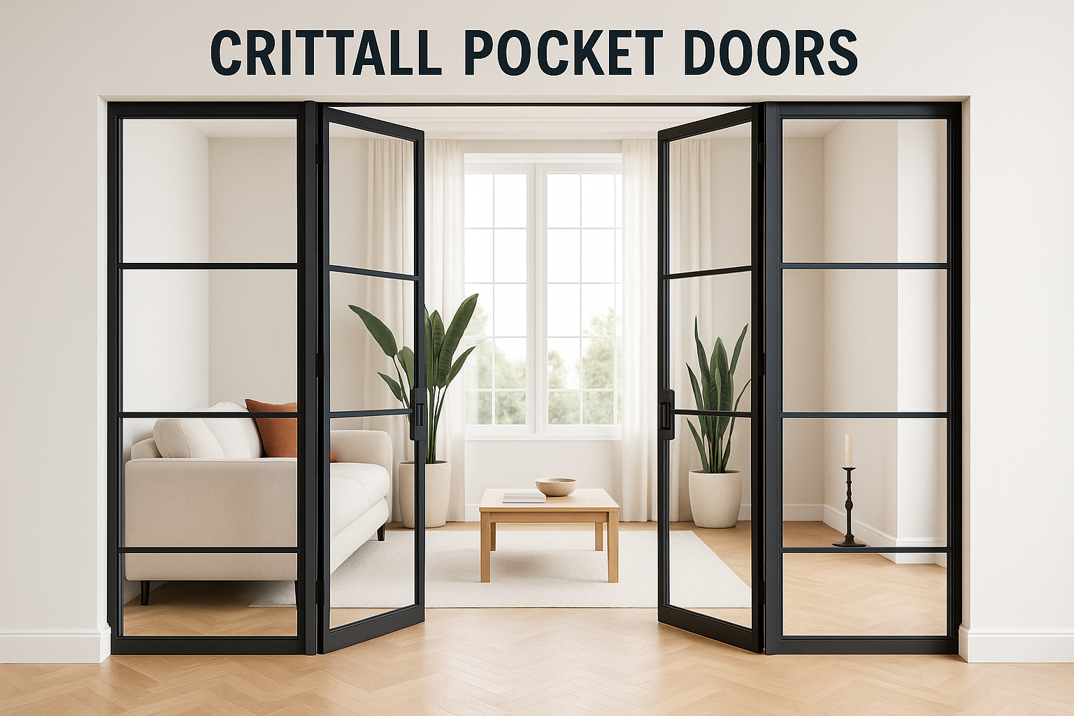 Modern interior with black-framed Crittall pocket doors, neutral decor, herringbone wood floor, and natural light through large windows.