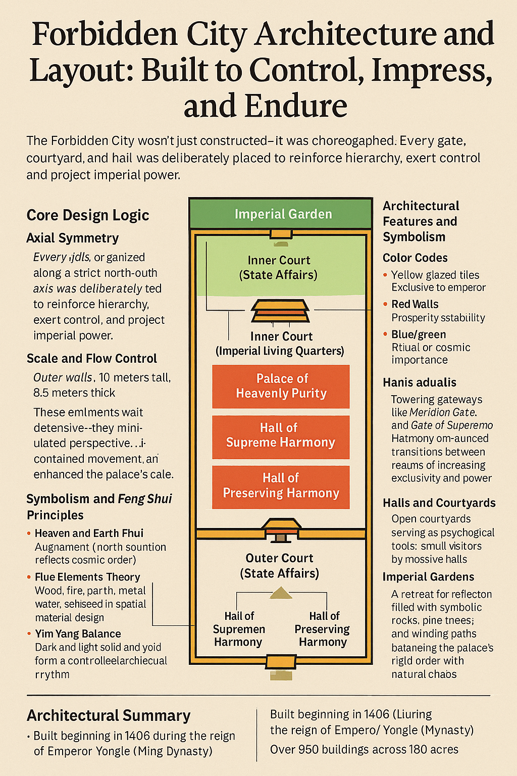 Architectural layout of the Forbidden City showing core zones, axial symmetry, and symbolic features