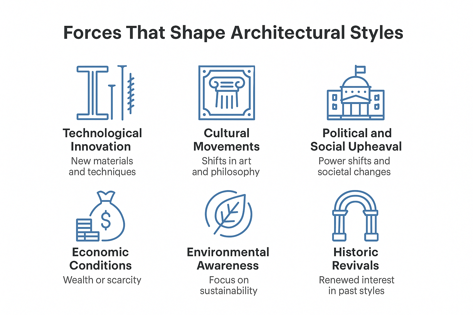 Infographic listing six factors that influence architectural styles.