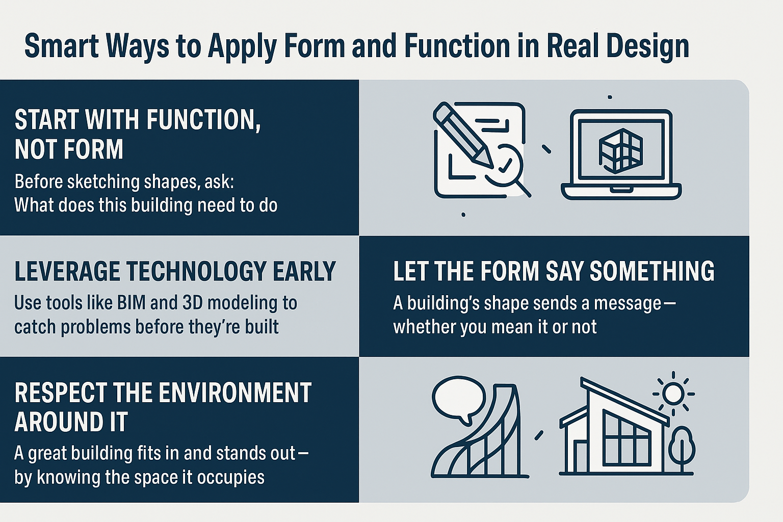 Horizontal infographic with 4 tips for applying form and function in architecture, using icons and clear text.