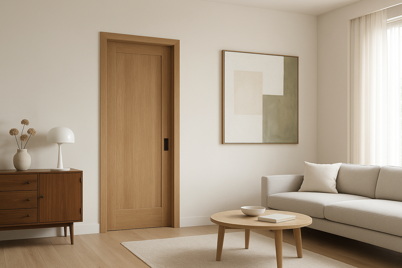 A modern interior with a frameless pocket door, showcasing a minimal wood-panel design within a stylish neutral-toned room.