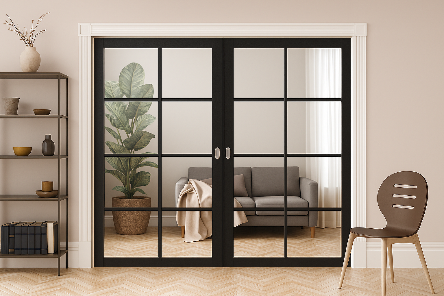 Glass pocket doors with black grid frames in modern living room.