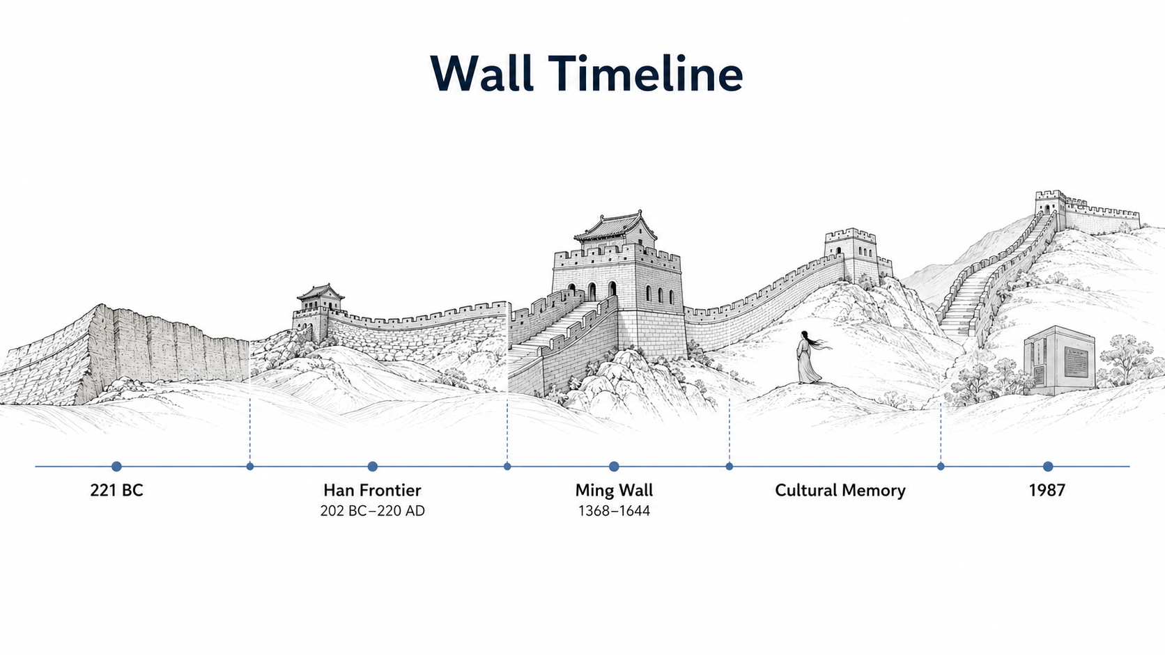 Great Wall timeline diagram showing early packed-earth wall, Han frontier wall, Ming brick wall, cultural memory, and 1987 preservation marker.