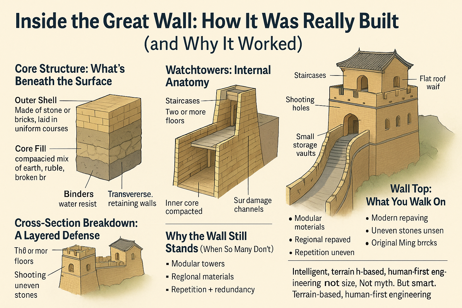 Infographic showing the inner structure of the Great Wall of China, including core fill, ramparts, walkways, watchtower anatomy, and unseen engineering details.