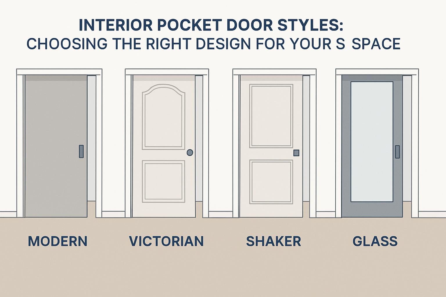 Illustration showing four interior pocket door styles—Modern, Victorian, Shaker, and Glass—each sliding into a wall cavity.
