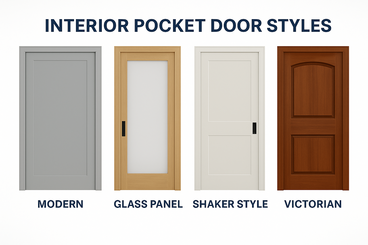 Interior pocket door styles comparison—modern, glass panel, shaker, and Victorian styles in a clean horizontal layout.