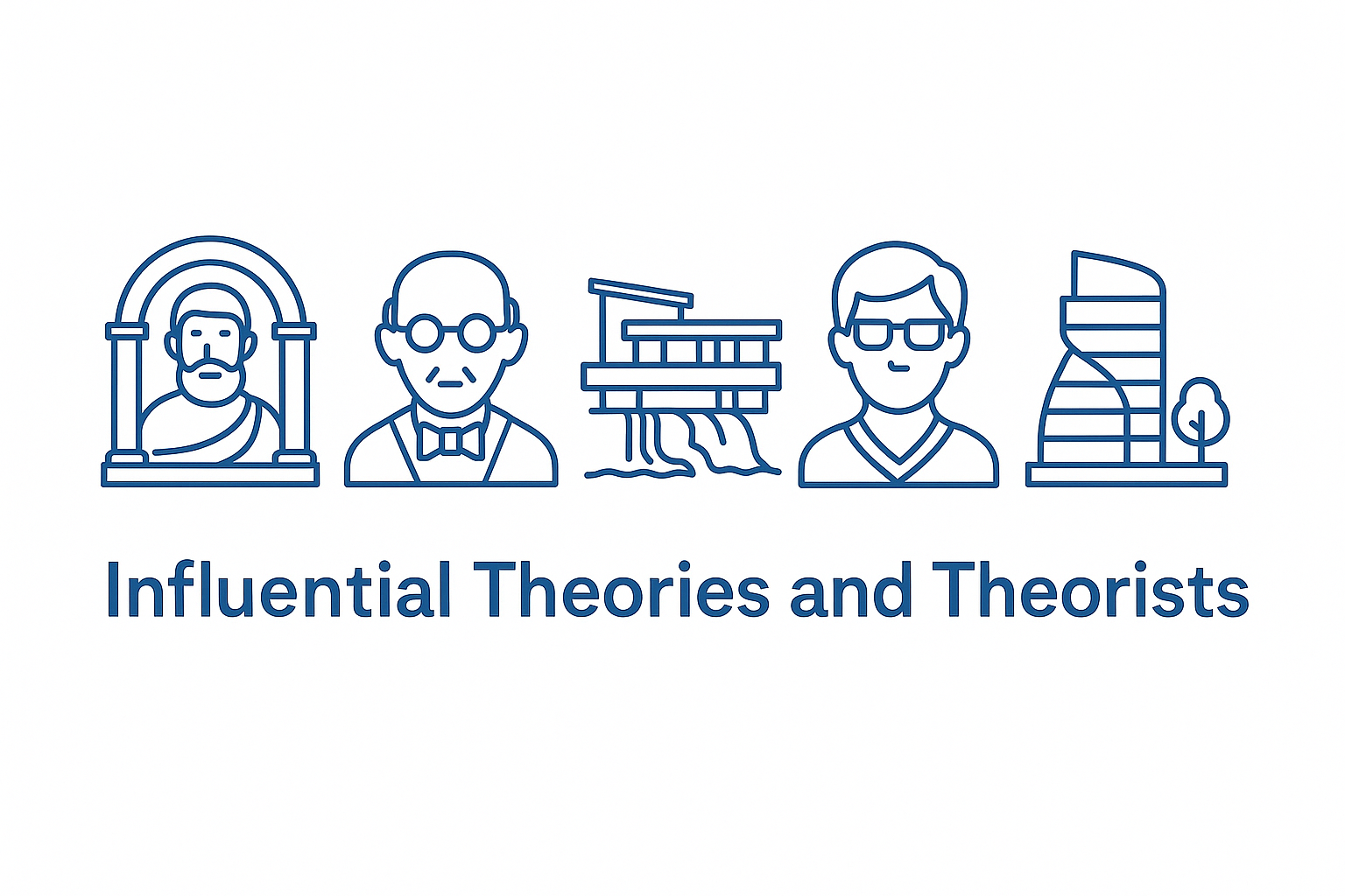 Key architectural theories and theorists with icons and brief summaries.