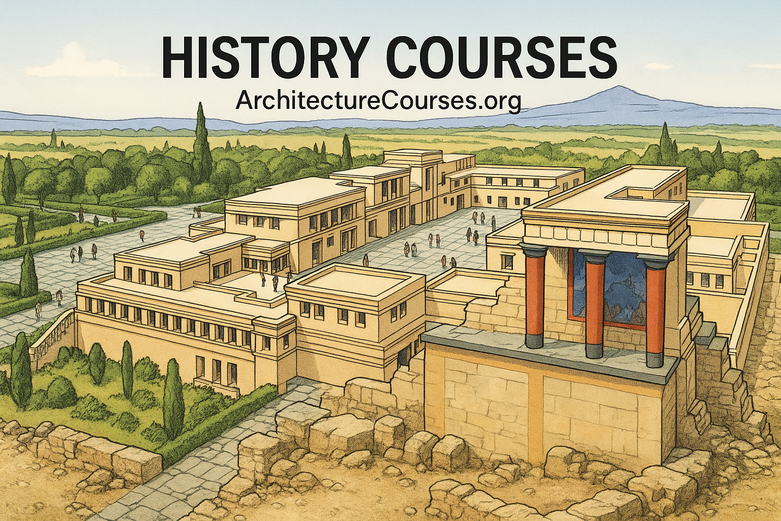 Illustrated reconstruction of the Palace of Knossos with restored columns and complex courtyard layout, promoting architectural history courses.