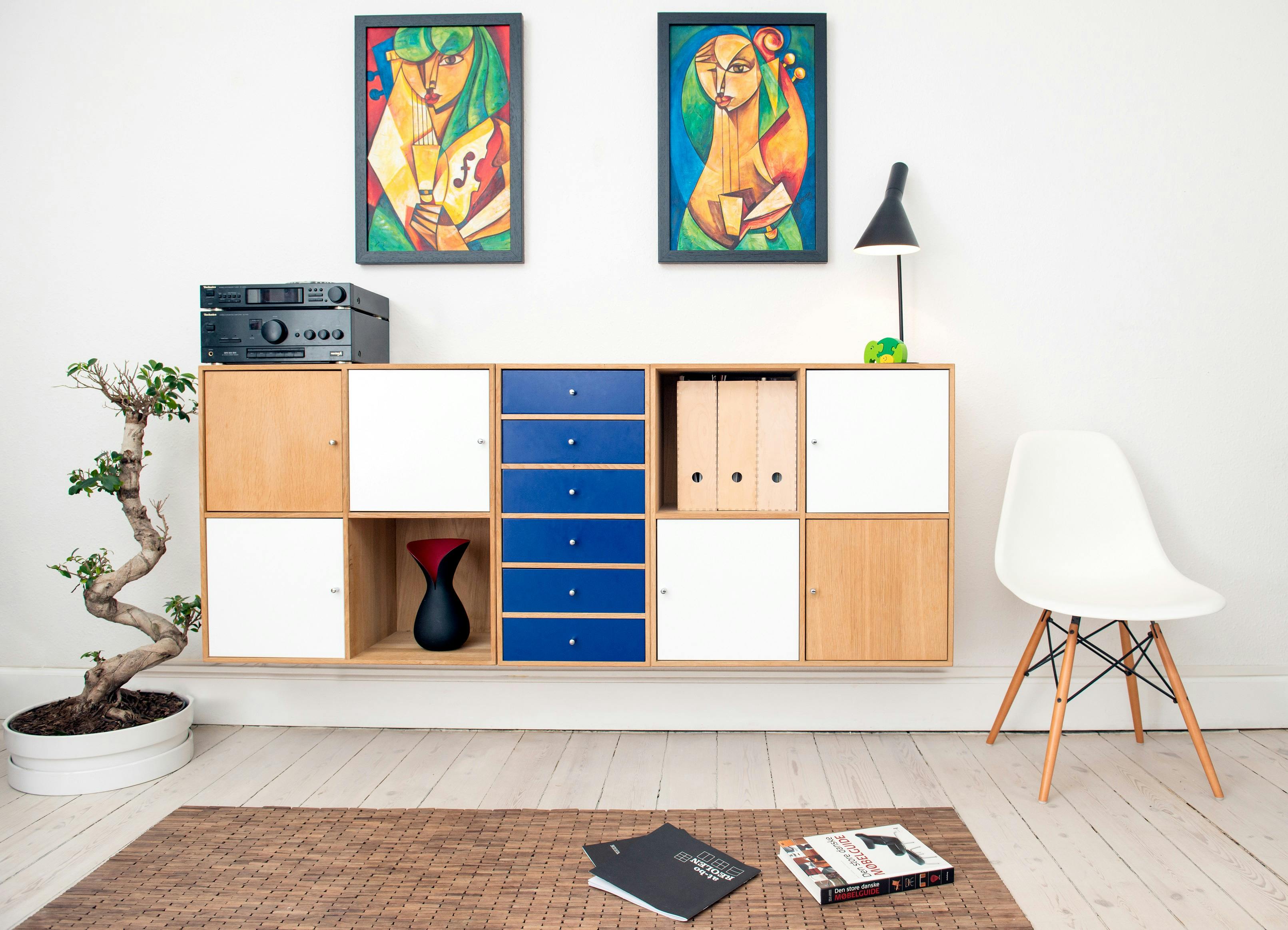 Brown, white, and blue wooden boards in modern interior.