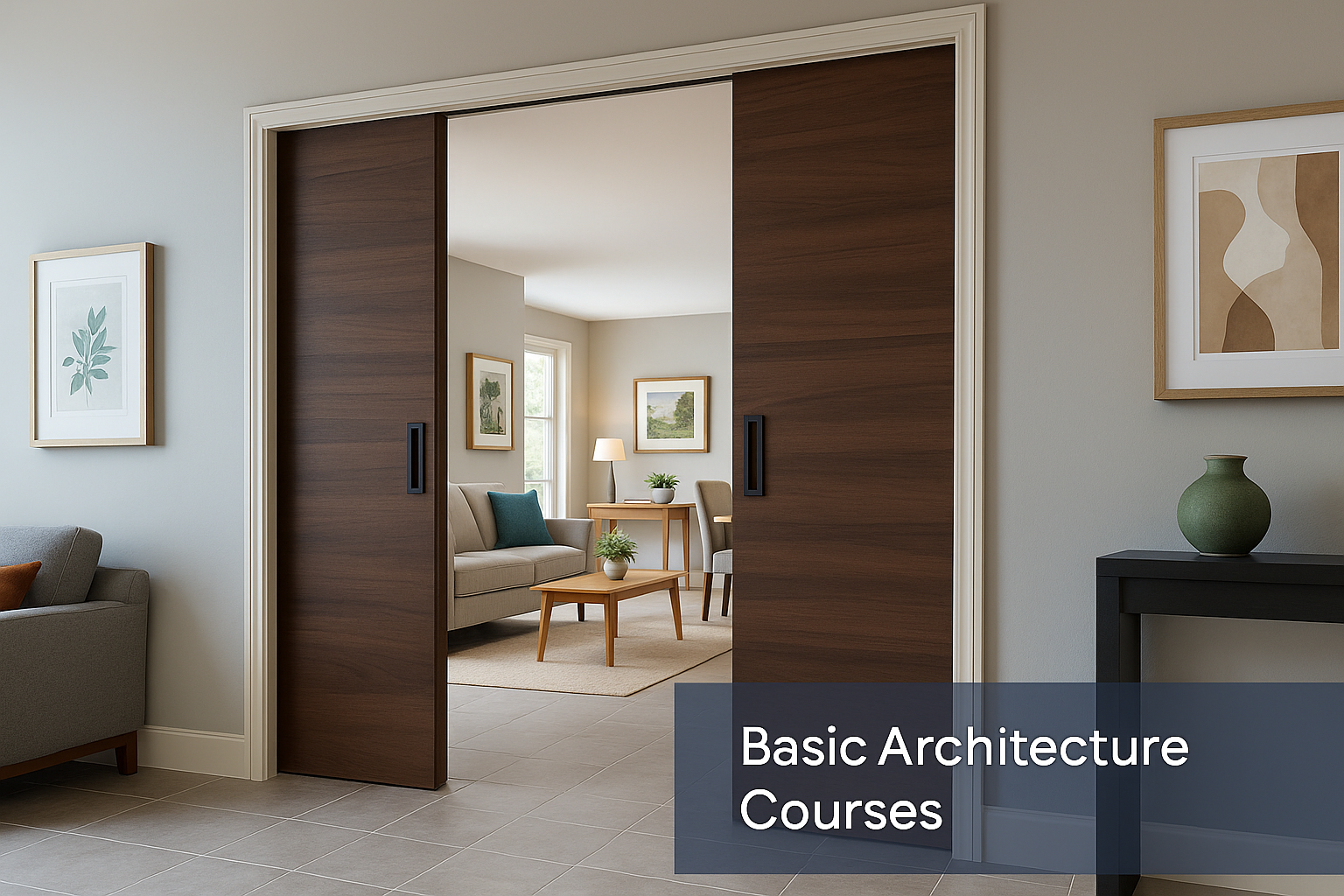 Modern living space with dark wood sliding doors, minimalist decor, ceramic tile flooring, and light-filled seating area framed by artwork