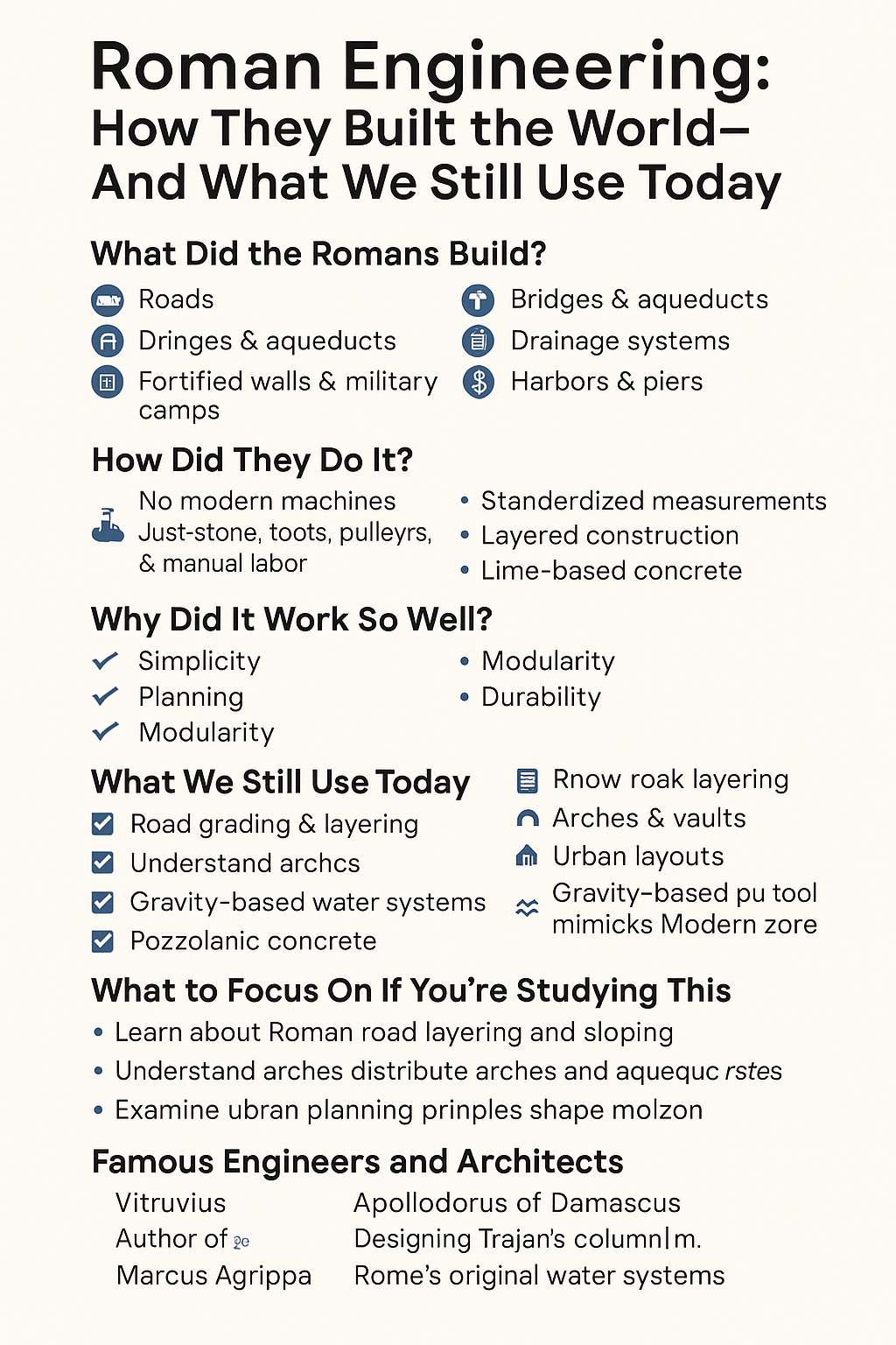 Infographic showing how ancient Romans built roads, aqueducts, and walls using stone, tools, and strategic planning.