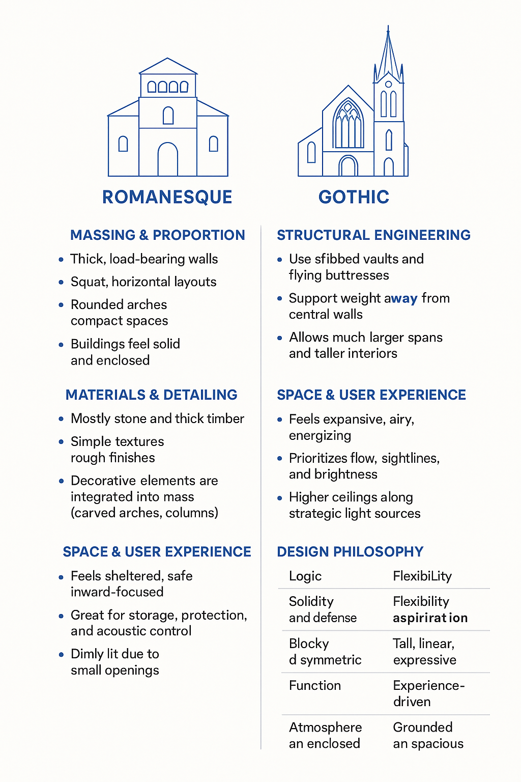 Comparison of Romanesque and Gothic architecture highlighting key design differences.