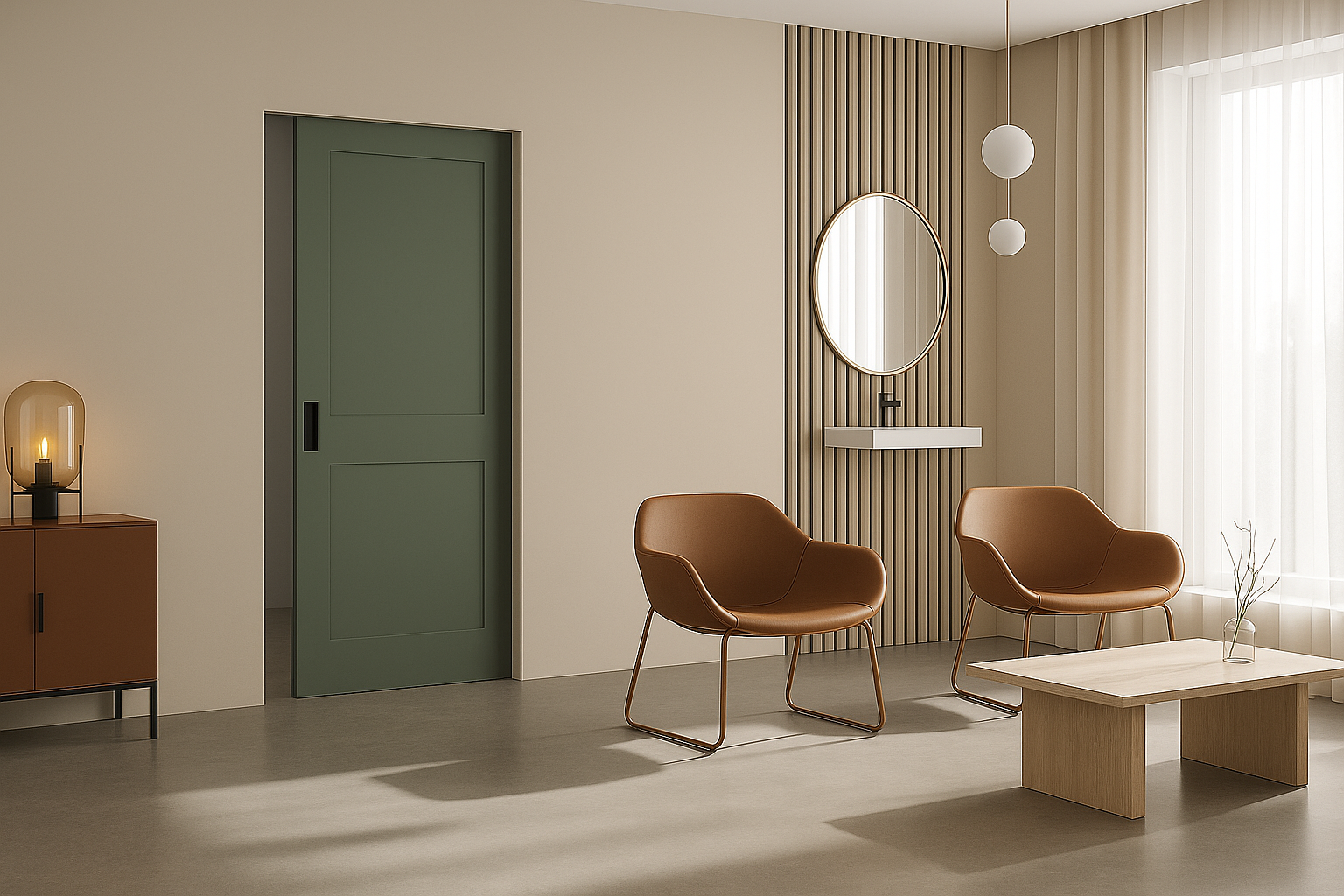 Minimalist shaker-style pocket door with an olive wood finish, adding warmth and simplicity to interior spaces.