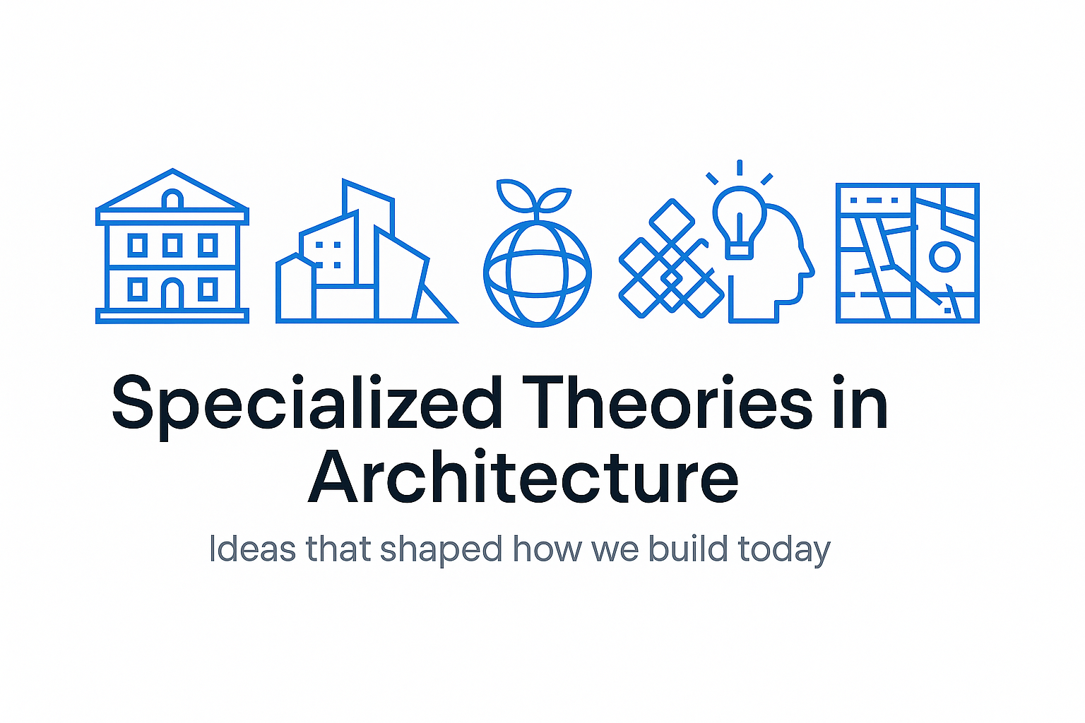 Icons representing specialized architectural theories, including classical, modern, sustainable, and urban design concepts