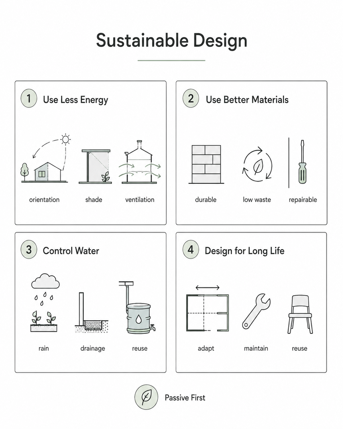 Diagram showing core sustainable design principles, including passive strategies, resource efficiency, durable construction, and common sustainability systems used in buildings.