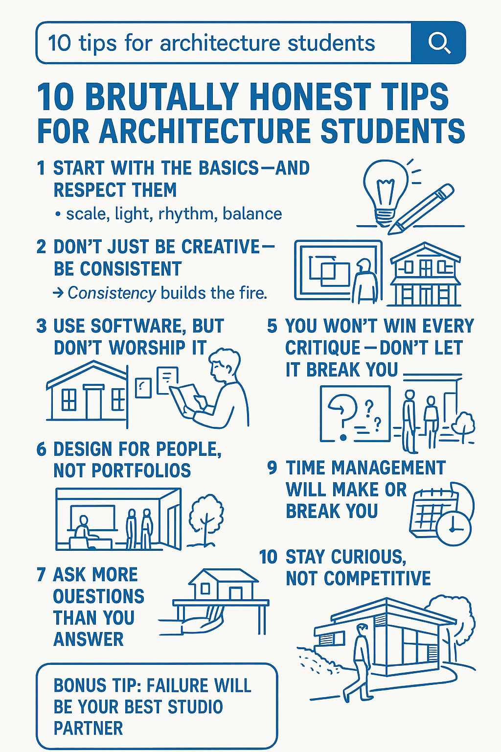 Infographic showing 10 brutally honest tips for architecture students using blue line icons on white background.