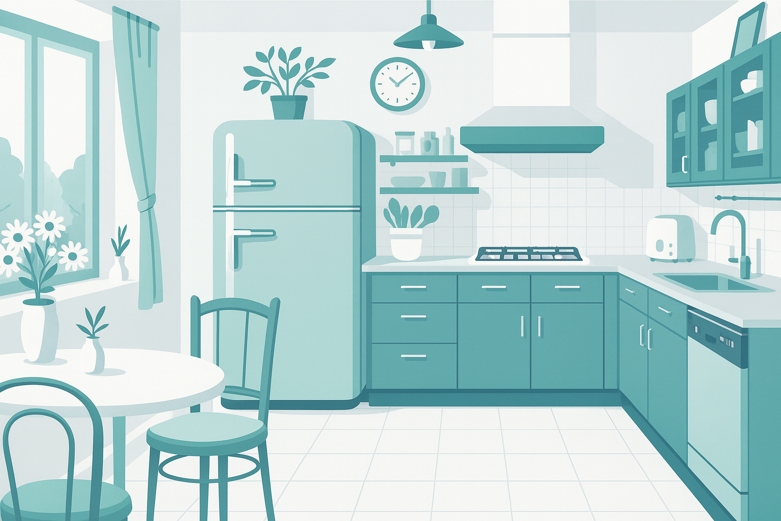 1950s kitchen with blue cabinets, white tile, retro appliances, and checkered floor.
