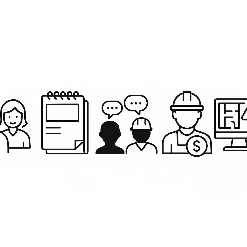 Flat illustration of five daily activities performed by architects, shown without text on a white background.