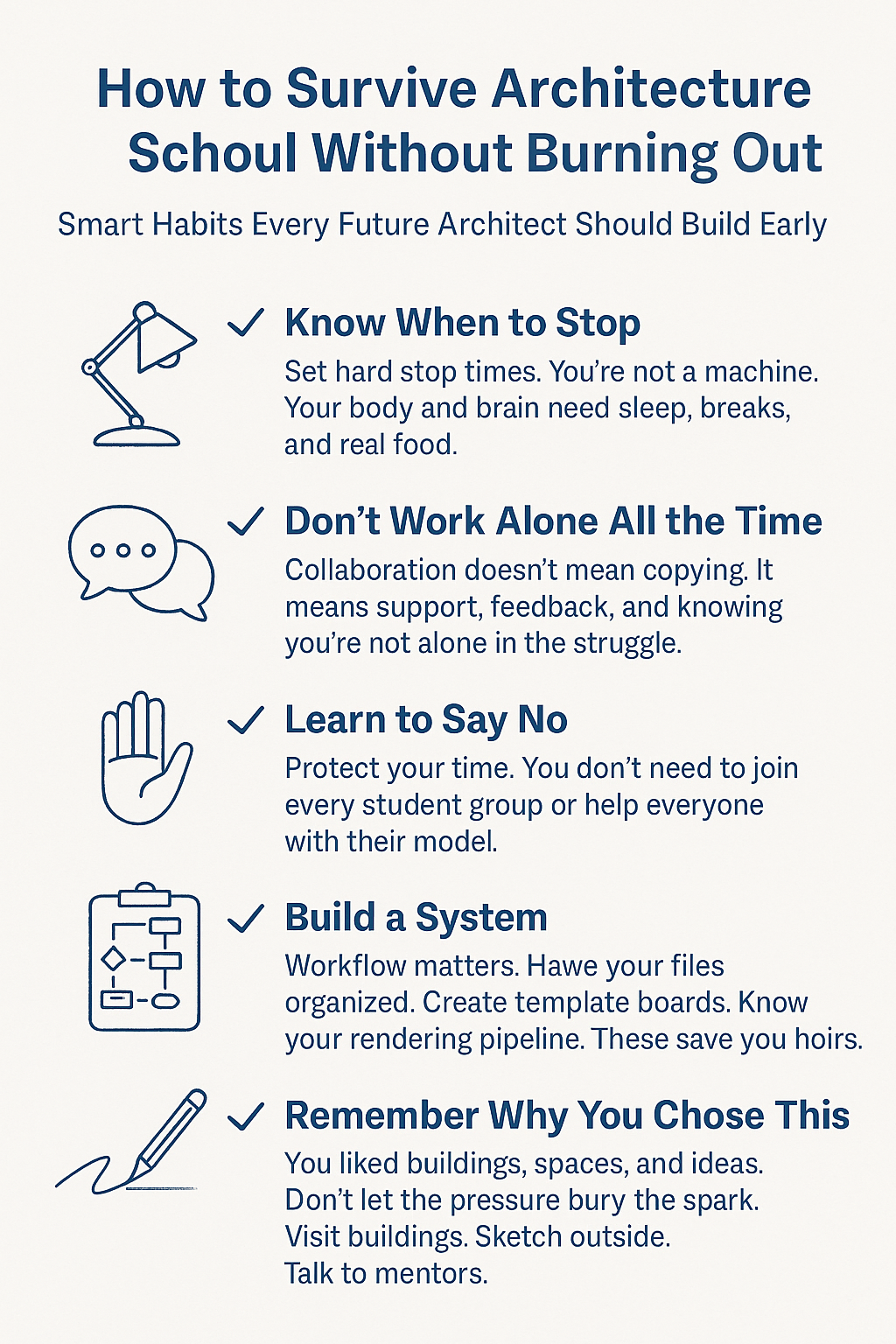 Minimalist infographic with burnout tips for architecture students.