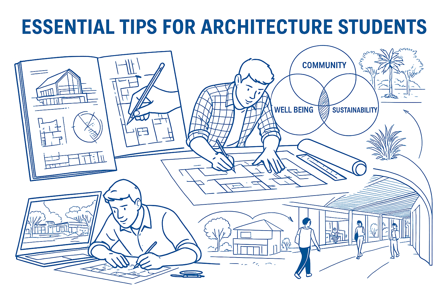 Infographic showing essential tools and study tips for architecture students.