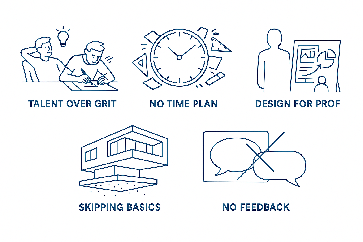 Infographic showing five common mistakes architecture students make, including poor time management, skipping basics, and ignoring feedback.
