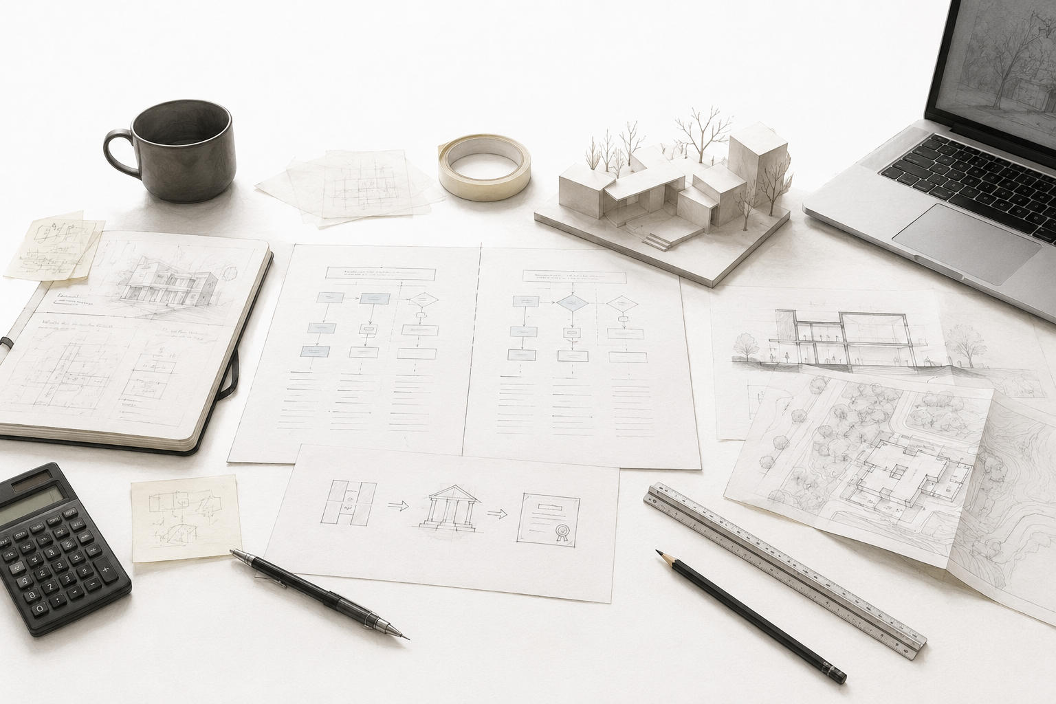 Quiet architecture study desk with drawings, degree-path papers, model, laptop, ruler, calculator, and sketch materials for a Bachelor of Arts in Architecture decision page.