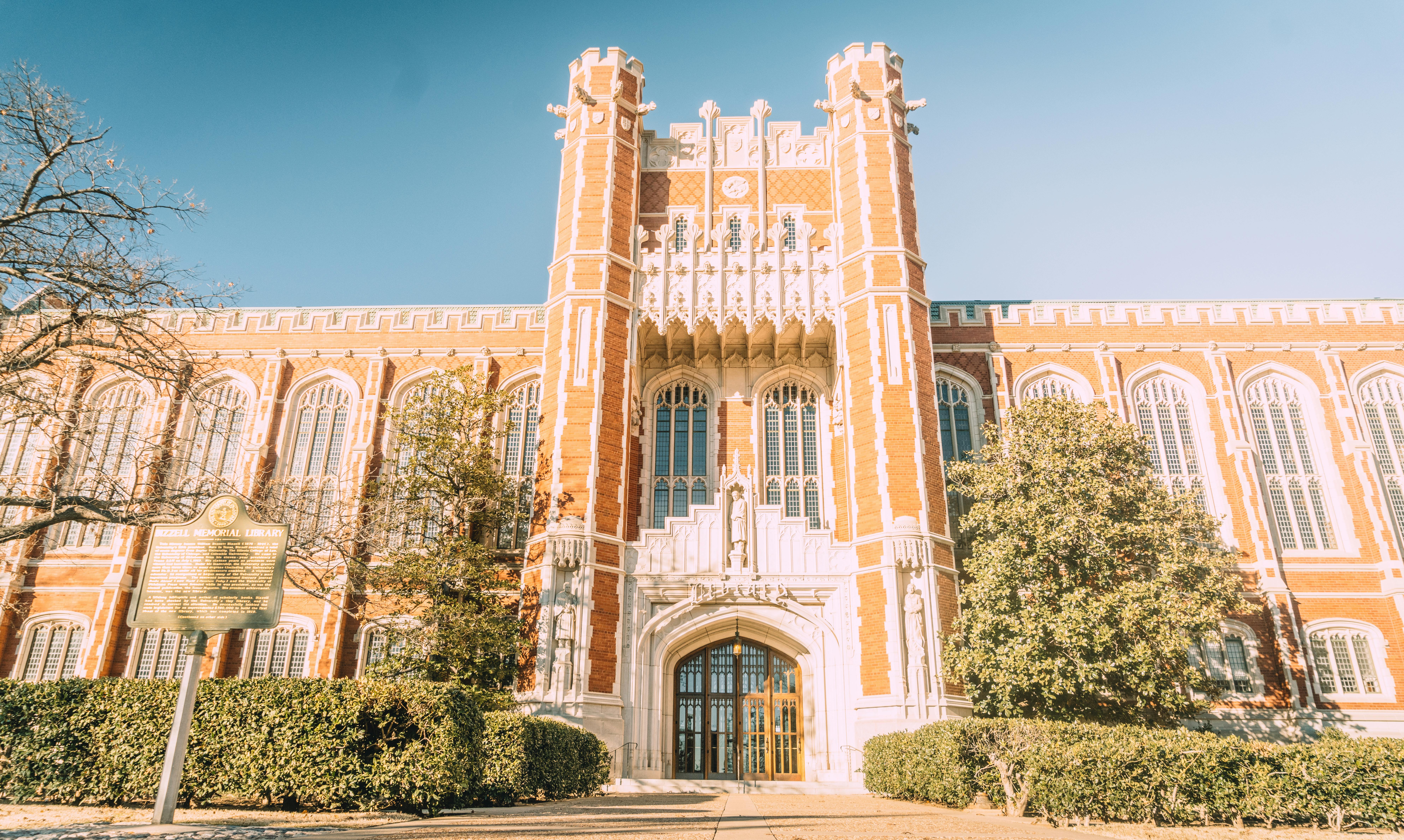 Bizzell Memorial Library with Neo-Gothic architecture.