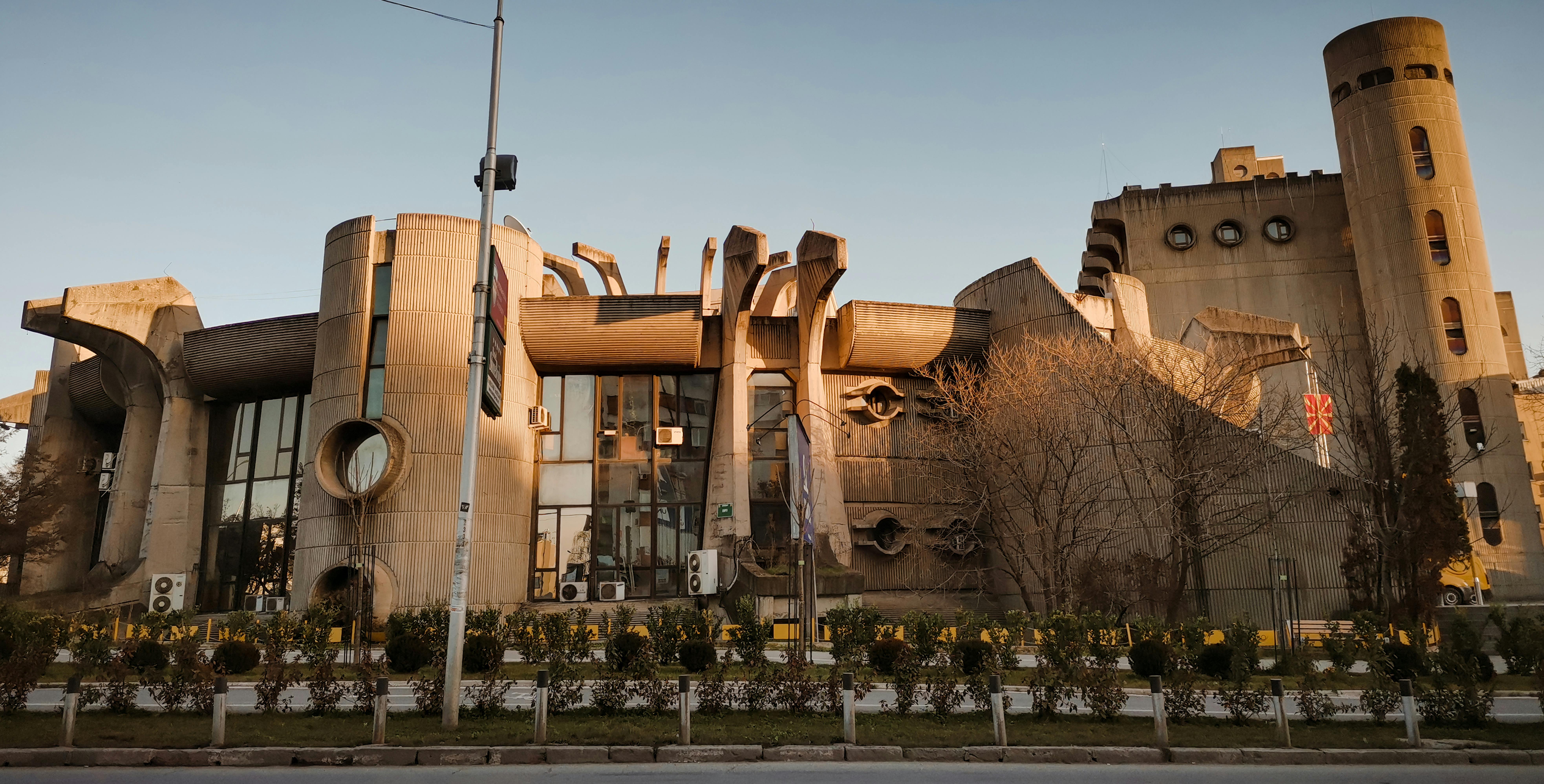 Brutalist concrete detail in Skopje showing raw texture and bold form.