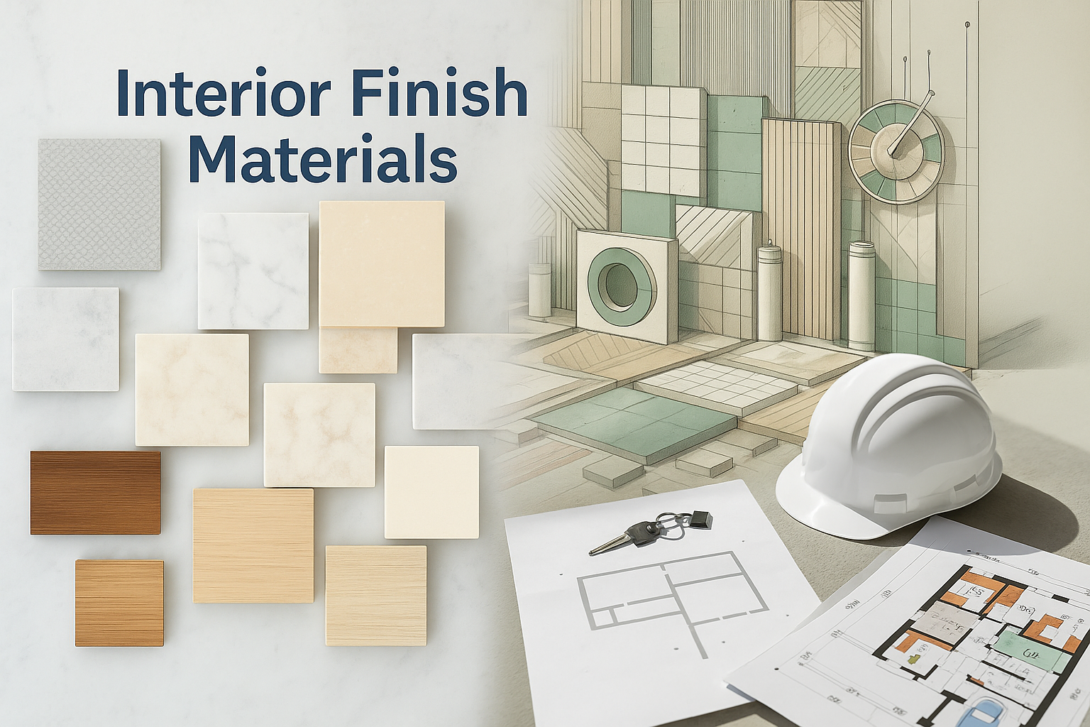 Collage showing real and illustrated building materials, including finish samples, construction tools, and architectural elements.