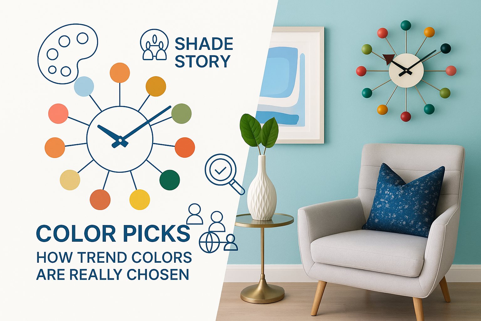 Infographic and interior photo showing trend color selection with starburst clock and reading nook.
