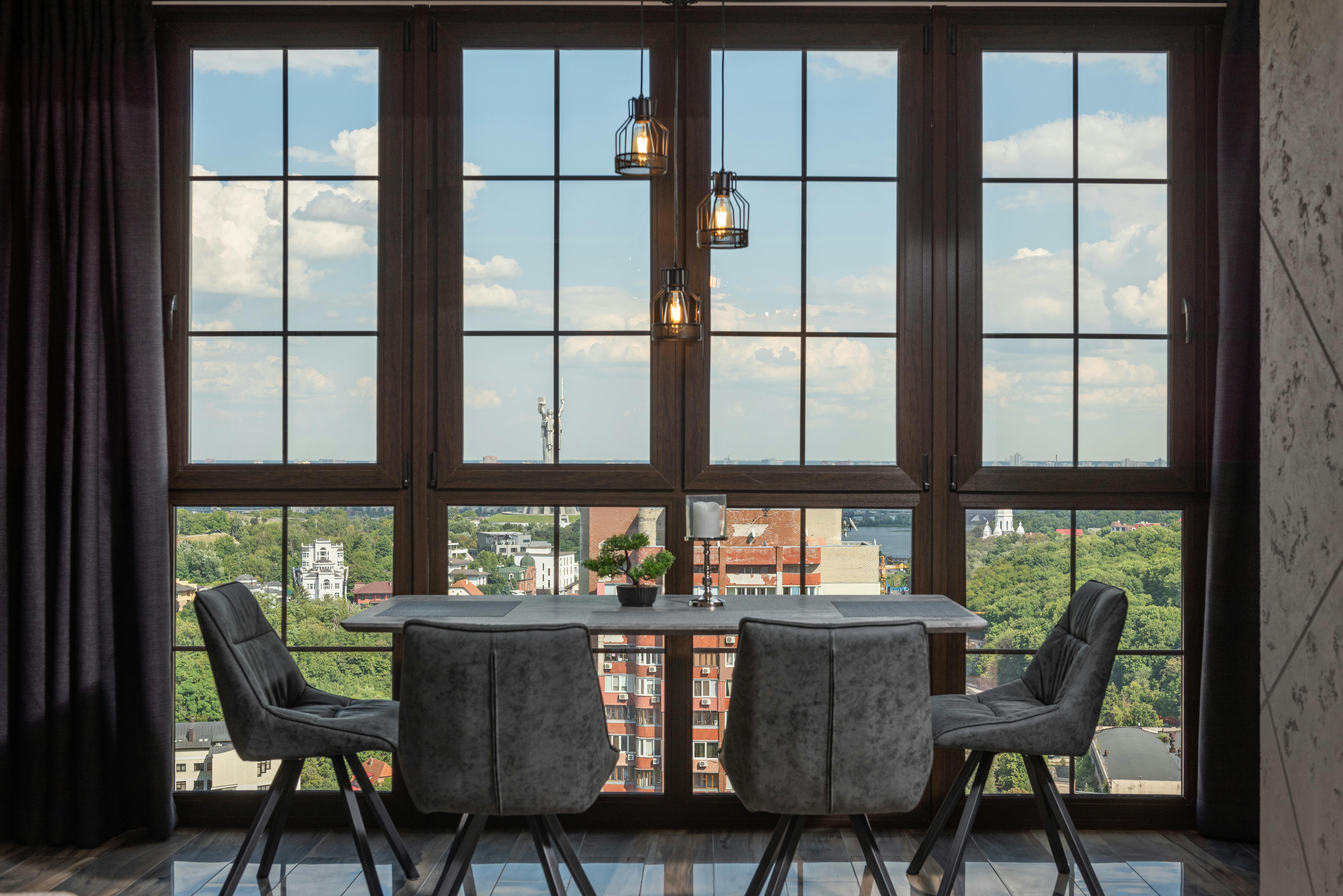 Modern structure with a full glass wall.