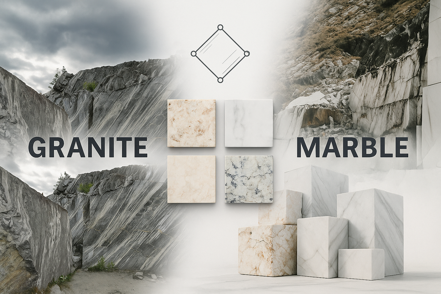 Infographic comparing real granite and marble with texture and usage differences.