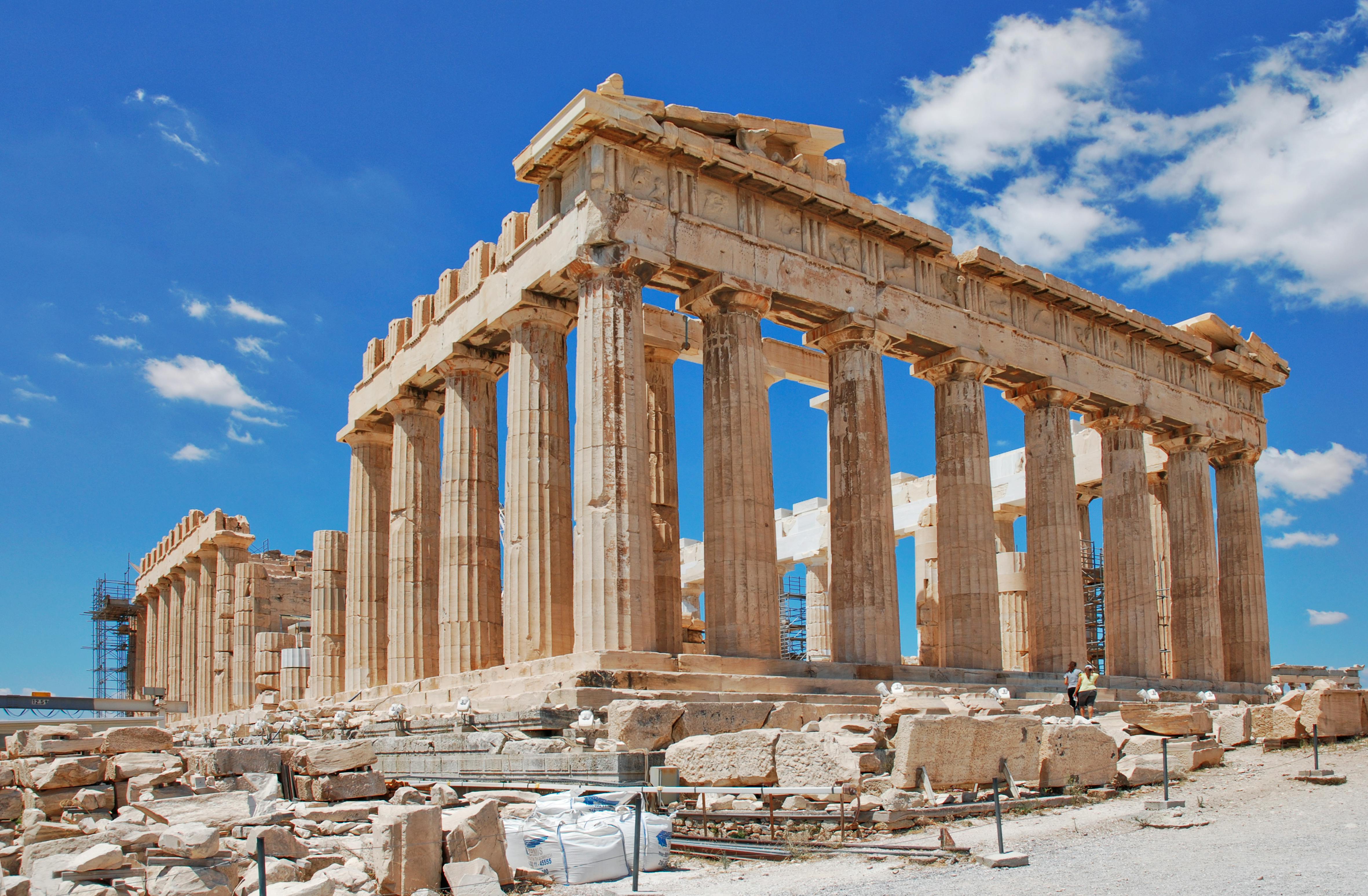 Ancient Greek pillars in Athens ruins.