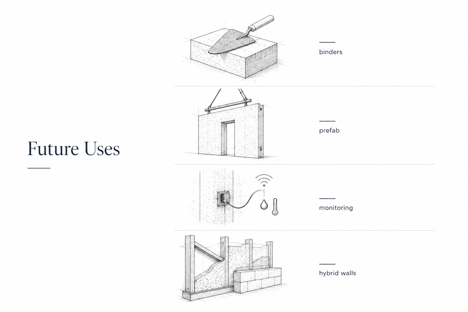 Minimal hempcrete future uses diagram with binders, prefab, monitoring, and hybrid walls.