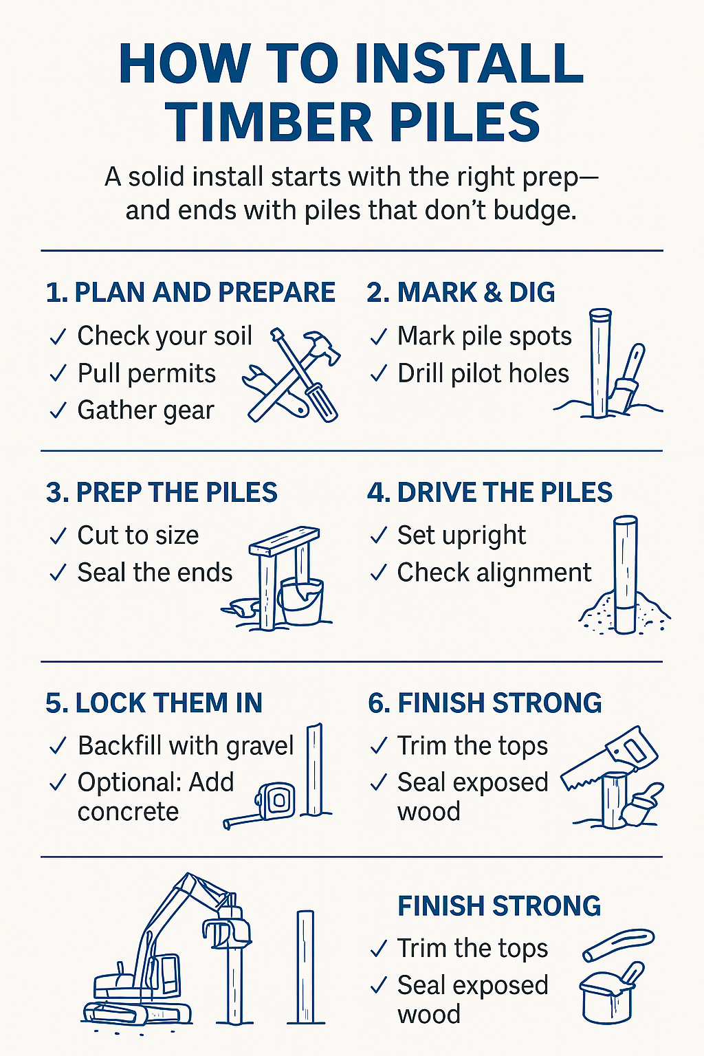 Step-by-step visual guide showing how to install timber piles, including preparation, driving, alignment, and finishing.