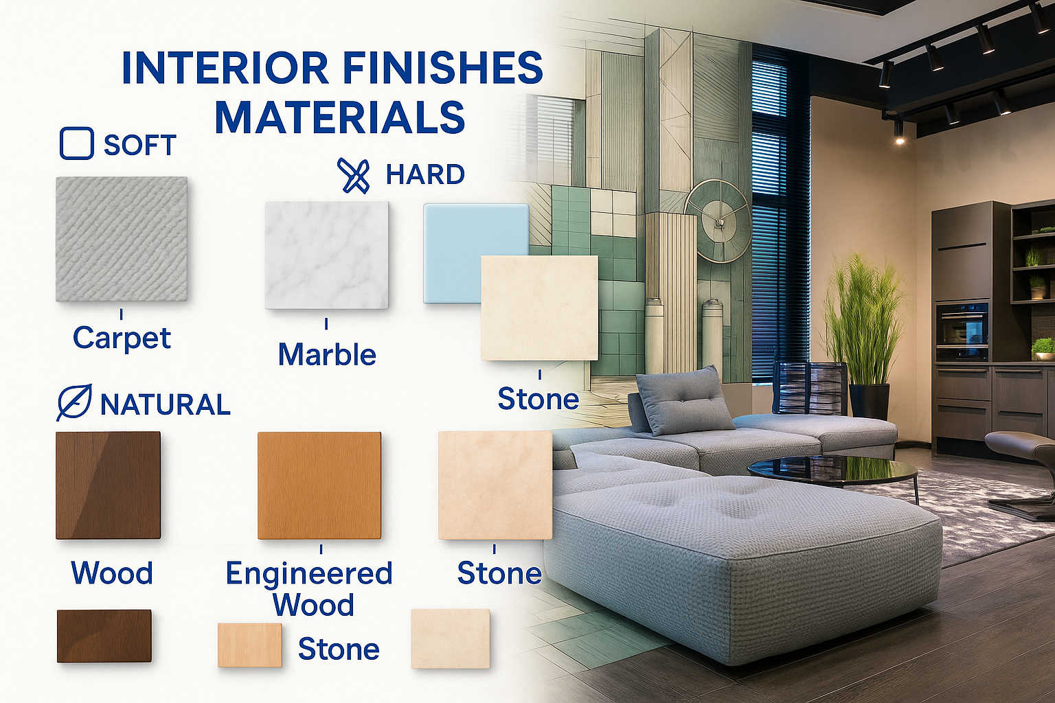 Composite graphic blending material samples, architectural sketch, and real modern interior showcasing furniture and finishes.