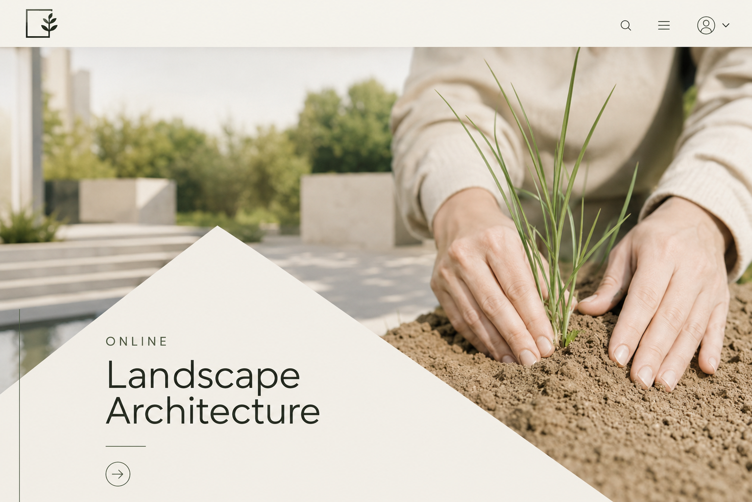 Hands planting ornamental grass in a modern landscape for online landscape architecture study.