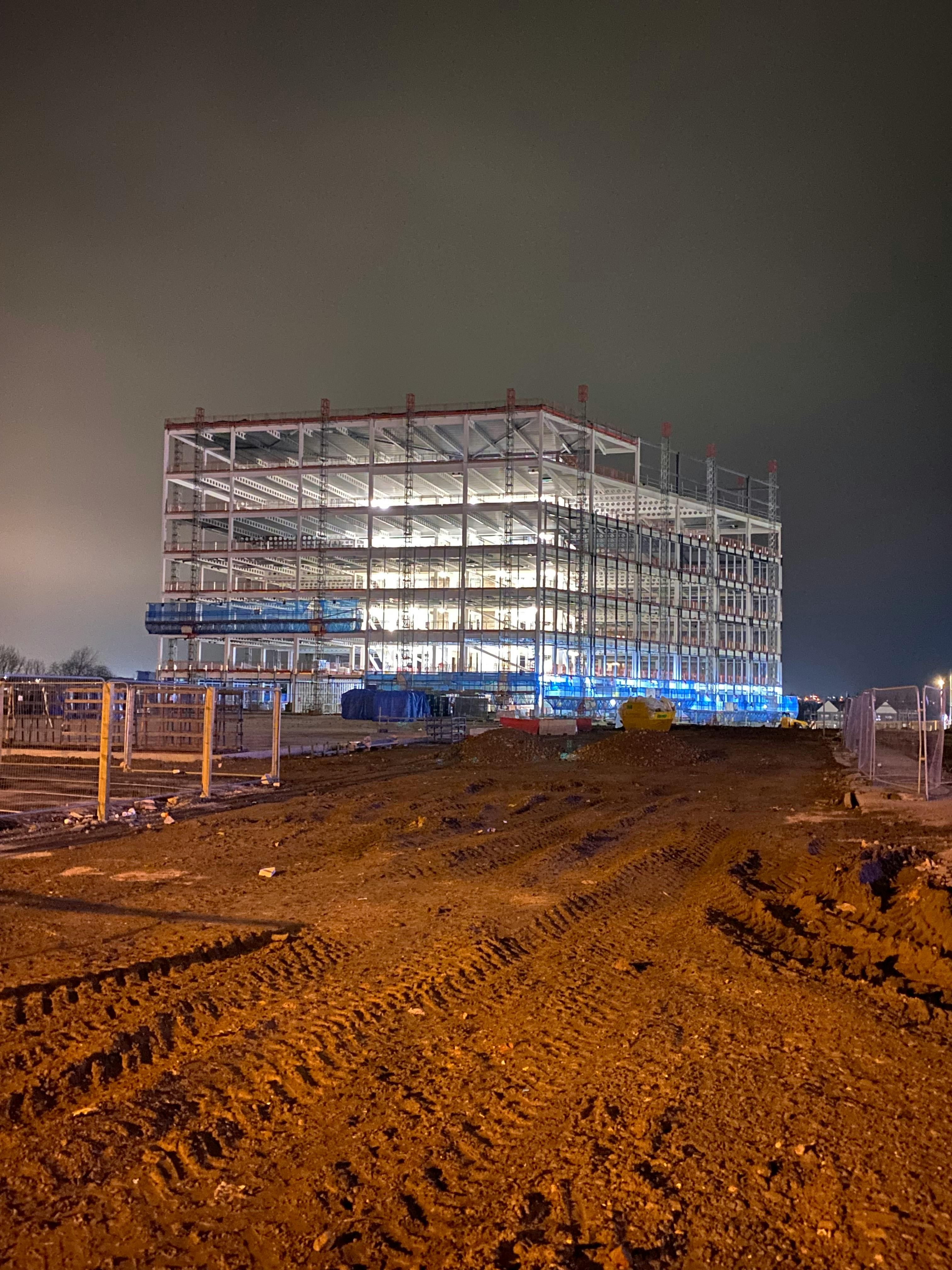 Steel building under construction in Leeds, England.
