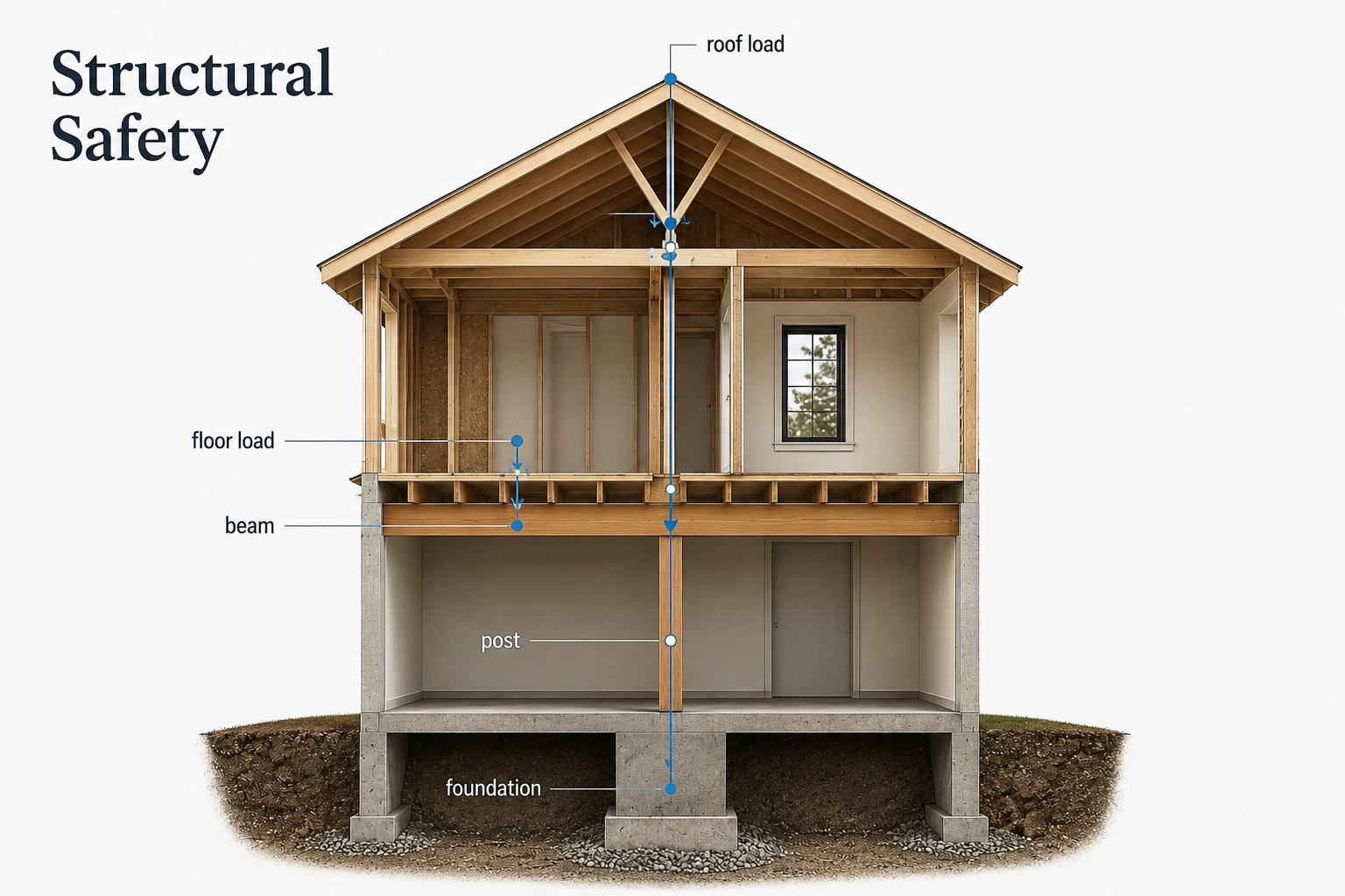 Structural safety diagram showing roof load, floor load, beam, post, and foundation load path in a house section.