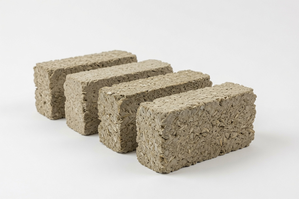 Four rectangular hempcrete blocks stacked staggered.